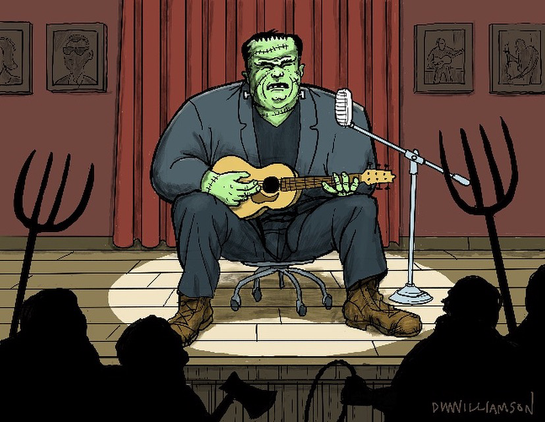 Frankenstein’s monster on stage at a small club sings the blues to a tough crowd carrying axes and pitchforks.