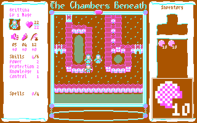 Brittina the Mage starts her adventure with twenty coins in her inventory. Some items in The Chambers Beneath can be stacked, and stacks of items have a number superimposed to show how many items are in the stack. Coins can be stacked up to 16, but Brittina starts with two stacks of ten. One stack is enlarged in the inset. Brittina the Mage starts her adventure with twenty coins in her inventory. Some items in The Chambers Beneath can be stacked, and stacks of items have a number superimposed to show how many items are in the stack. Coins can be stacked up to 16, but Brittina starts with two stacks of ten. One stack is enlarged in the inset.
