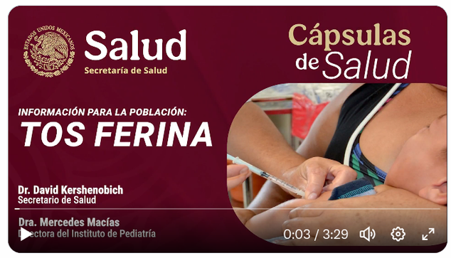 SALUD México @SSalud_mx
😷 La tos ferina es muy contagiosa y puede ser peligrosa, sobre todo en bebés menores de 3 meses. Conoce qué es, sus síntomas y cómo prevenirla.
En esta cápsula informativa el secretario de Salud, David Kershenobich, conversó con la doctora Mercedes Macías, directora del Instituto Nacional de Pediatría, sobre la importancia de prevenir la tos ferina.