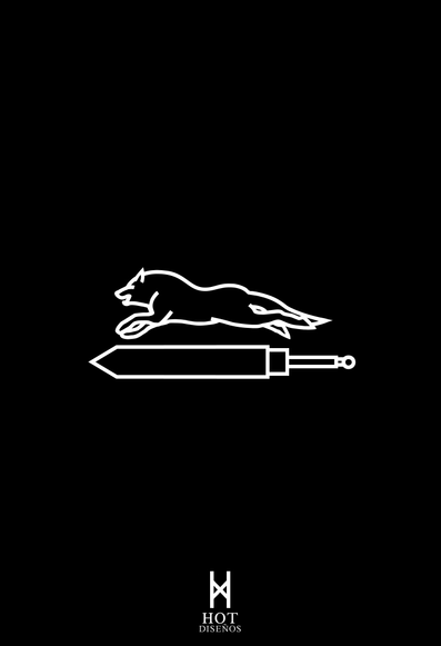 La imagen presenta un fondo negro liso. En el centro, dos elementos principales están delineados en blanco. Arriba, se muestra una silueta de lobo o canino en una pose de carrera o salto, moviéndose de izquierda a derecha. Debajo del animal, y ocupando gran parte del ancho central, se encuentra una espada ancha y larga, también en contorno blanco, con una punta afilada a la izquierda, una hoja rectangular y una empuñadura simple con un pomo pequeño a la derecha. En la parte inferior central de la imagen, hay un logotipo blanco que consiste en una forma geométrica similar a una 'H' estilizada con una 'x' en el centro, con las palabras 'HOT DISEÑOS' escritas debajo.
