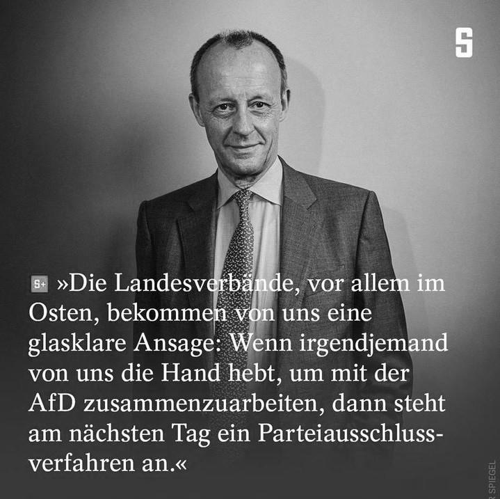 Zitat des Rechtspopulisten Merz, Vorsitzender der "AfD mit Substanz" (CDU): "Die Landesverbände, vor allem im Osten, bekommen von uns eine glasklare Ansage: Wenn irgendjemand von uns die Hand hebt, um mit der AfD zusammenzuarbeiten, droht am nächsten Tag ein Parteiausschlussverfahren" 