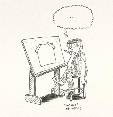 Ink drawing of a an artist with a glazed look on his face sitting at a drawing board, confronting a blank piece of paper. A vacant thought balloon lurks above his head.