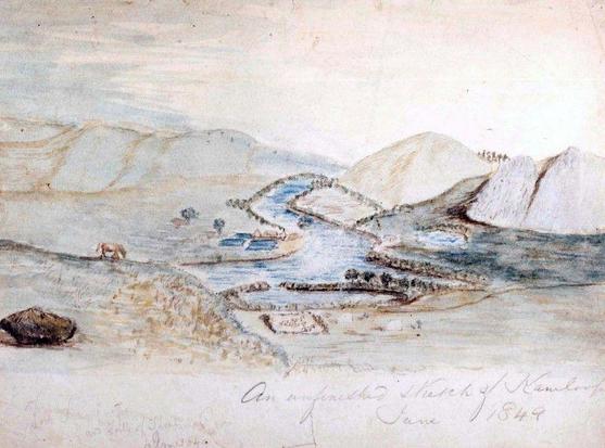 An old painting of the Kamloops fort, done in 1849.