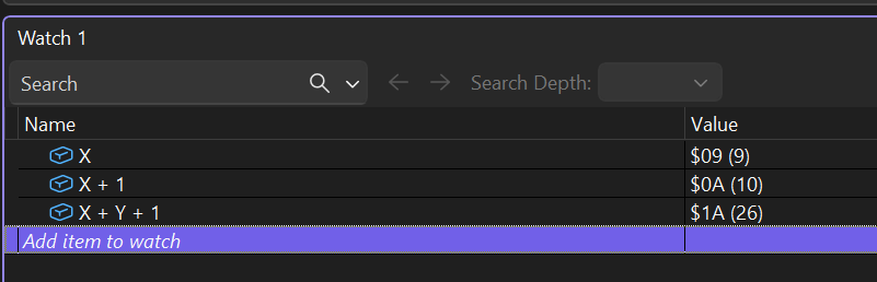 Inspecting 6510 registers X, X + 1, X + Y + 1 from the watch view