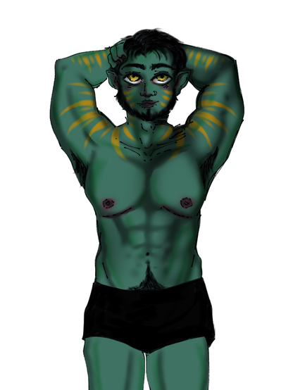 Desenho digital produzido no aplicativo Ibis Paint X.

Plano de fundo em segundo plano branco. 

Em primeiro plano, personagem com fenótipo masculino musculoso, porém esguio, vestindo uma cueca box preta, sua pele é verde, ele possui algumas listras amareladas nos ombros, braços e bochechas, seus olhos são dourados, cabelos e barba escuros, pretos, seus braços e mãos estão apoiados atrás da cabeça, ele têm cicatrizes de Mastectomia em ambos os peitorais e pelos corporais visíveis nas axilas e ventre inferior, orelhas pontudas – Porque é um orc.