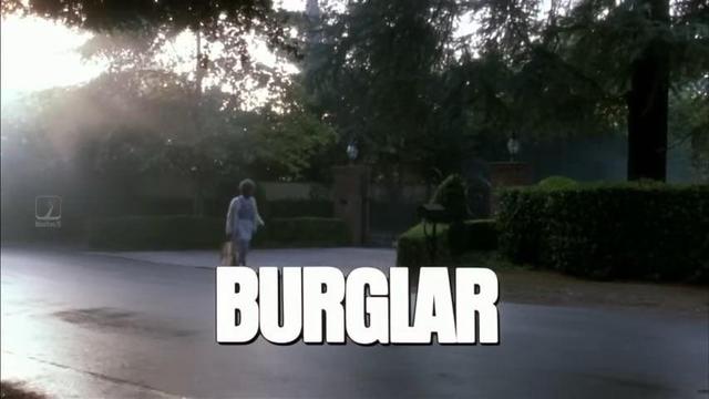 A person walking down a road with trees and hedges on either side, while the word "BURGLAR" is prominently displayed in large letters at the bottom of the image.