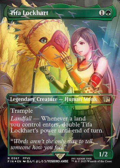 Card Name: Tifa Lockhart
Set: Final Fantasy
Description: Trample
Landfall — Whenever a land you control enters, double Tifa Lockhart's power until end of turn.
Artist: Yoshiro Ambe