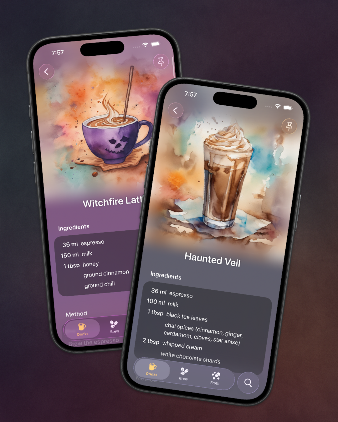 Screenshots of Halloween coffee recipes in Breve: Witchfire Latte and Haunted Veil
