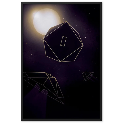 Minimalistisches Poster, das ein Raumschiff im Anflug auf eine Raumstation zeigt. Inspiriert vom Spiel Elite von 1984. 