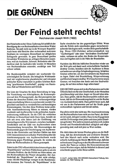 Flugblatt "DIE GRÜNEN" - Titel "Der Feind steht rechts!"