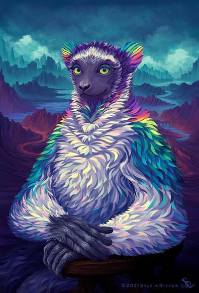 An Indri is the largest living lemur. I've painted her in front of an impressive landscape. Sitting on a wooden chair, wearing colorful fur (rainbow & pastel) and a slight smile ;). https://www.deviantart.com/sylviaritter/art/Impish-Indri-891364196