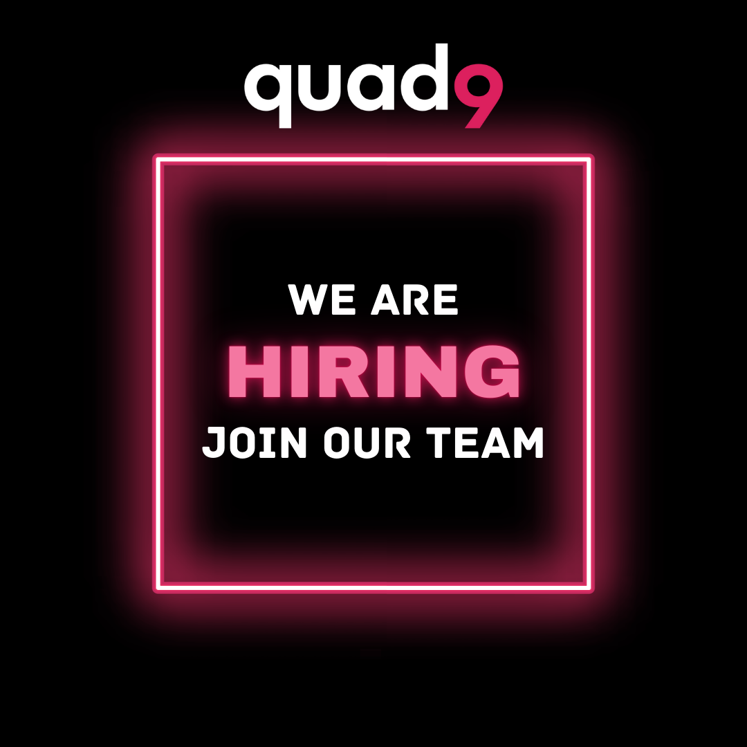 Bright graphic announcing "Quad9 is hiring. Join our team" with a neon frame on a black background.