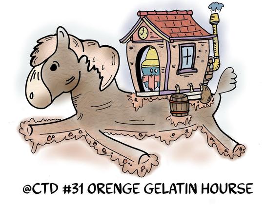 A whimsical illustration of a horse with a house on its back. The horse has a textured, gelatin-like appearance, and the house features a small door, a clock, and a chimney. A character in a blue outfit is peeking out of the door. 