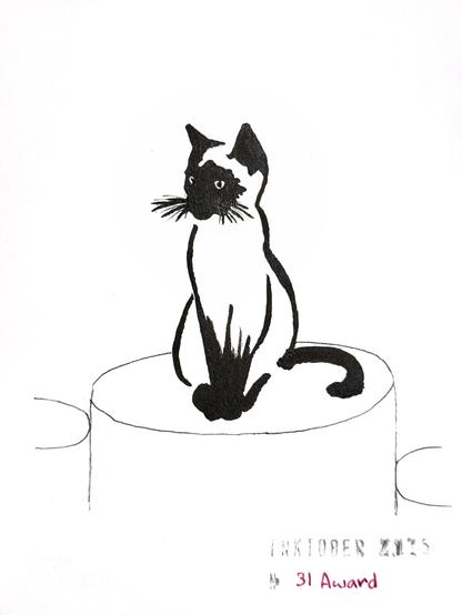 A black ink drawing of a sitting cat with Siamese cat distinctive black markings, depicted on the top of a podium. The artwork is titled "Inktober 2025" and "31 Award".