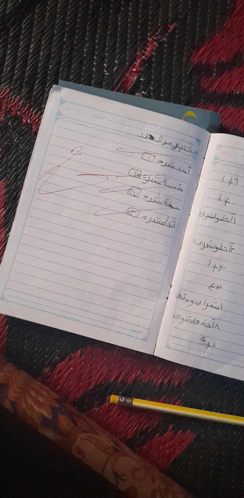Picture of Saji's open notebook. There's also a pencil next to the notebook. It's written in Arabic in the notebook.