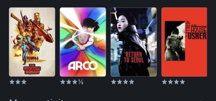 Affiches des 4 derniers visionnages via letterboxed avec notes sur 5 : "The Suicide Squad" de James Gunn (3 étoiles), "Arco" d'Ugo Bienvenu (3 étoiles et demi), "Retour à Séoul" de Davy Chou (4 étoiles) et "La chute de la maison Usher" de Jean Epstein (4 étoiles)