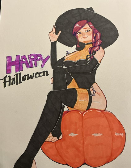 A sexy witch with fishnets and footless thigh highs sitting on top of a pumpkin while posing.