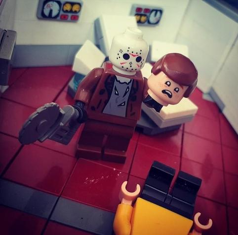 Jason Voorhees holding Jim Kirk's head, while standing over his decapitated body