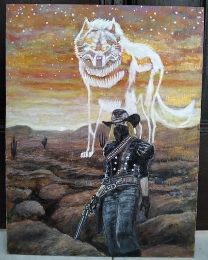 a painting of a female gunfighter in an arid southwestern american landscape , a large white wolf behind her like a giant ghost, she is looking at the viewer, a big long revolver in her hand, she has victorian -style poofy sleeves and black jeans and a black hat on, blonde hair, wearing a bandana mask on her face , a sun setting in the background 