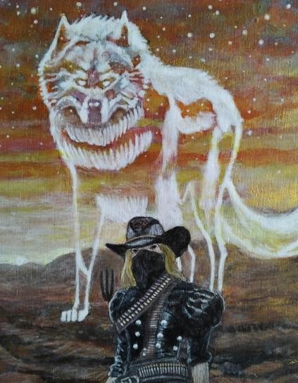 a close-up of the woman from her waist up and the big white wolf behind her, it is see-through 