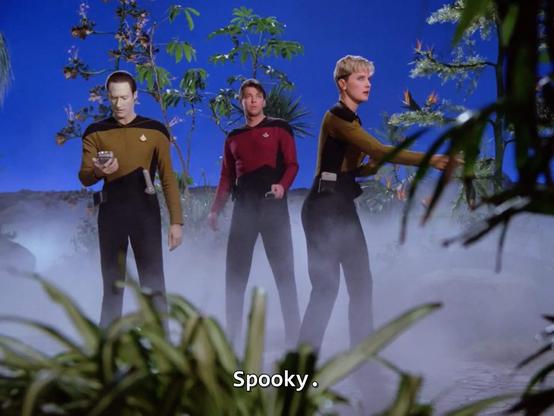 Star Trek The Next Generation scene. Tasha Yar, Riker, and Data stand outside with some greenery in the background, a questionably perfect blue sky backdrop, and lots of fog. Yar and Riker have a defensive posture holding phaser pistols, Data is staring at his phone. (It's a tricorder). Closed caption reads, "Spooky " 👻