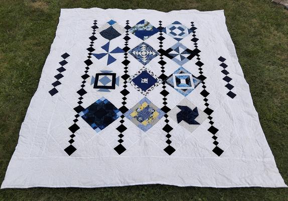 93 x 89 in (236 x 226), it is different shades of blue,  different designs in rows coming down, divided by narrow rows of triangles, it is a chandelier-style design 