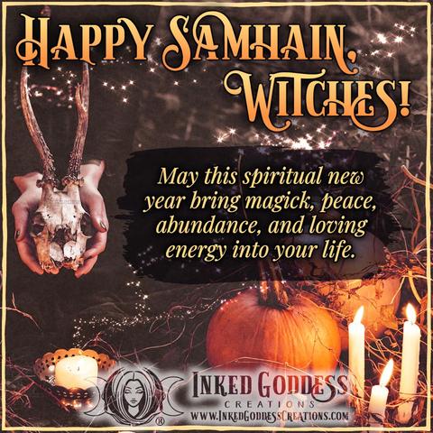 A woman's hands hold a small deer skull above a candle on an outdoor altar. The surrounding grasses and twigs are dry and brown and two ripe pumpkins sit off to the side. Several other candles are lit, giving the scene an orange glow. The text offers blessings for the pagan sabbat Samhain. Presented by Inked Goddess Creations.