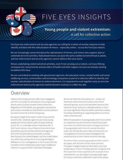 Multi-page Five Eyes Insights brief titled “Young people and violent extremism: a call for collective action”, featuring a cover with the flags of Australia, Canada, New Zealand, the United Kingdom, and the United States. The document calls for a whole-of-society response to online radicalisation of minors, highlights rising involvement of under-25s across ideologies, and recommends early multi-agency safeguarding. Subsequent pages provide an overview, case-based observations on minors’ roles (content creation, recruitment, planning/attacks), and clarification that “minors” and “young people” include some 18–25 cases.