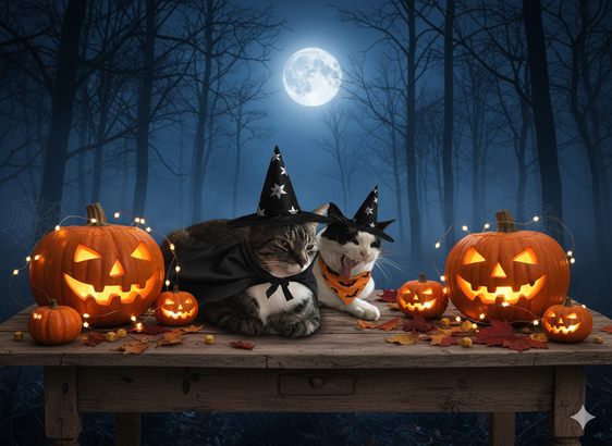 The tomcats Mica and Jasper wearing a Halloween costume