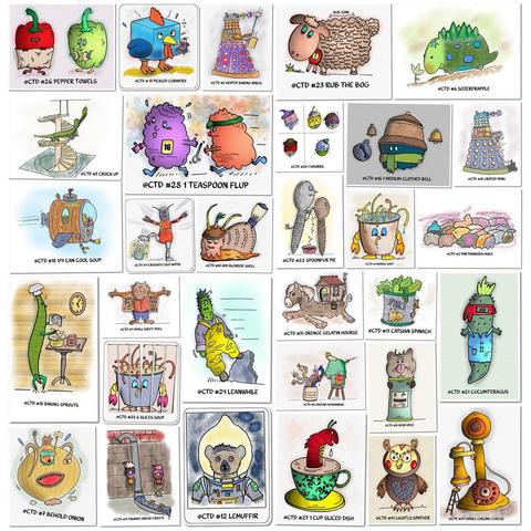 A collage of whimsical illustrations featuring humorous food-themed characters and items. Notable designs include a pepper, a blue creature, various kitchen tools, and anthropomorphized vegetables and household objects, all with playful expressions and bright colors. Each illustration has a caption from Botober