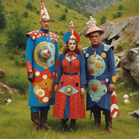 Three very strangely dressed people, all wearing weird hats. They look like either magicians or aliens. They are outside in a natural area.
This colour image has been around for quite a number of years, an early type of computer-assisted image by an artist who works consistently with strange, haunting figures, often wearing tribal-like costumes.