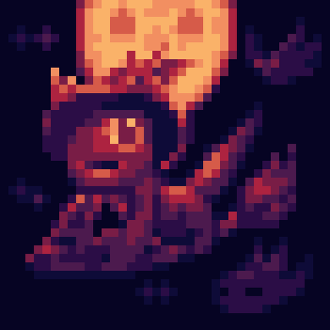 Konqi the dragon is KDE mascot on the broom at night in front of the moon