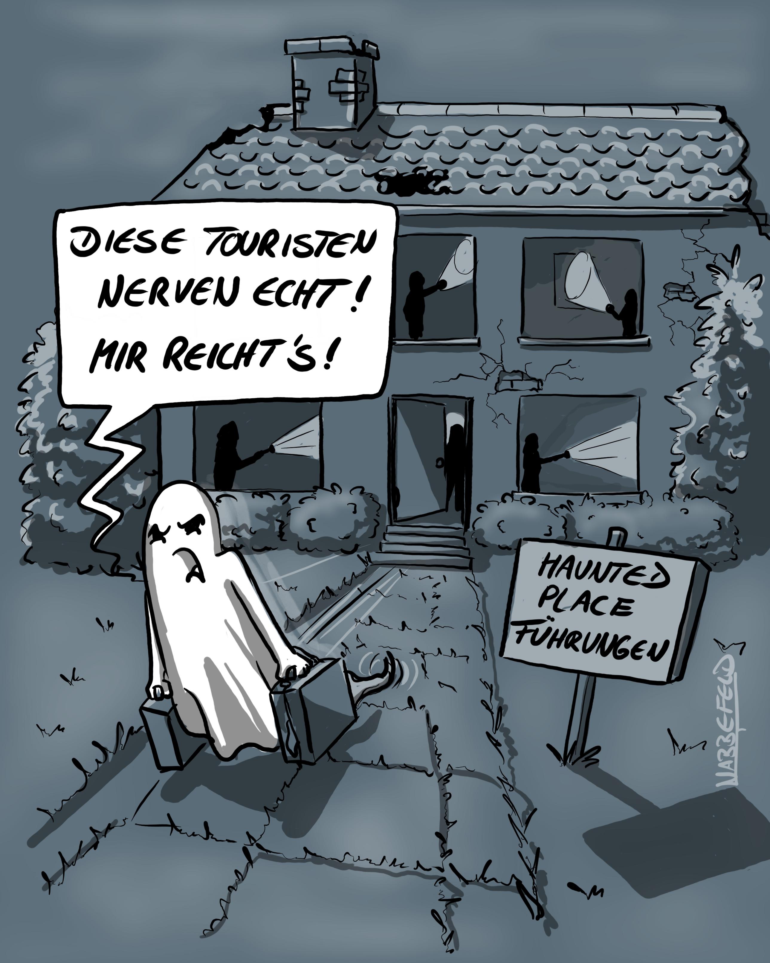 Ein Geist verlässt wutschnaubend mit gepackten Koffern ein heruntergekommenes Haus. Im Inneren des Hauses sieht man dunkle Gestalten mit Taschenlampen herumlaufen. Vor dem Haus prangt ein Schild mit der Aufschrift: "Haunted Place Führung"
Der Geist grummelt: "Diese Touristen nerven echt! Mir reicht's!"
