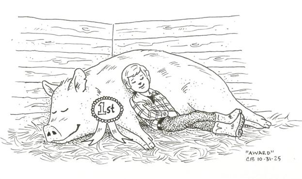 Ink drawing of a large hog and a young girl, asleep in their stall at a state fair, after winning first place.