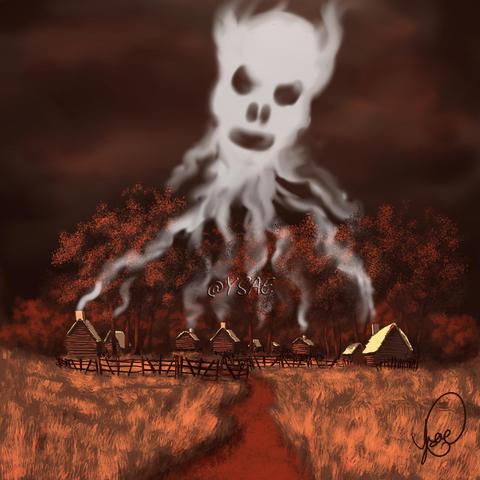 Dessin numérique représentant le village de Salem. La fumée des cheminées forme un crâne.