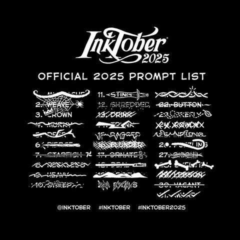 The official 2025 Inktober prompt list with Day 31: Award crossed off with check marks.