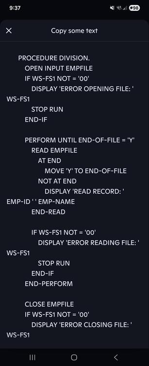 Some COBOL code from the Procedure Division working on an ERROR situation