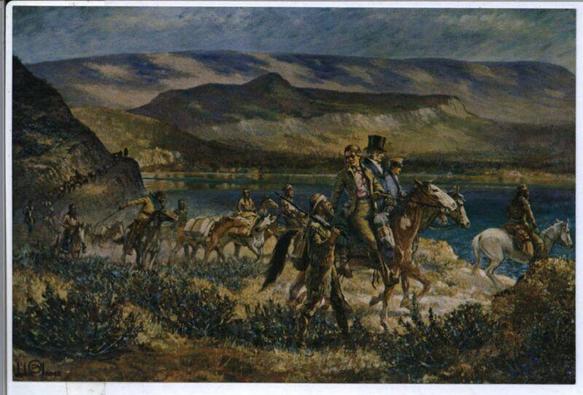 This old and faded postcard shows the artists impression of the HBC Brigades passing by Okanagan Lake, on their way to Fort Vancouver.