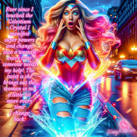 In the glowing lights of a nighttime city, a burst of violet and blue energy swirls around a young woman as she transforms. Her jeans tear at the seams, giving way to a shimmering, metallic superhero suit that radiates cosmic power. Her hair flows like liquid fire, her eyes glow with purpose, and the magic around her feels alive—as if the universe itself is unveiling her true form.