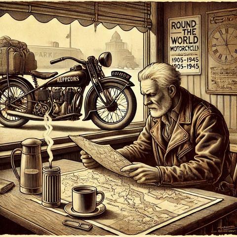 black and white rendering of an older, bearded man in a heavy coat, reading a map at a diner, while a 1930's era motorcycle is packed with gear outside the window in the background