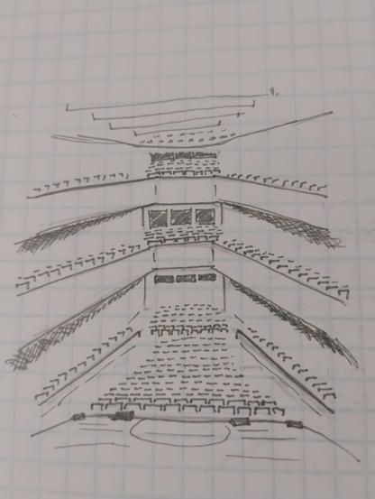 Sketch of a empty concert hall with a pov from the stage looking towards the vacant seats