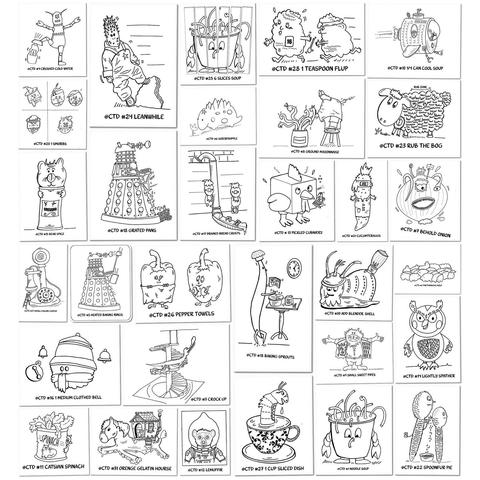 A collage of playful, black-and-white illustrated cards featuring various whimsical characters and objects. Each card includes a playful title and depicts food items, kitchen utensils, or humorous cartoon figures, showcasing a variety of imaginative designs.