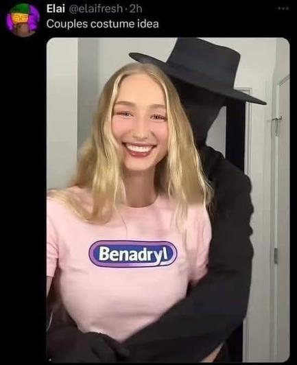 Elai: Couples Costume Idea
woman with a benadryl tee on with a black shadow guy with a hat on wrapped around her