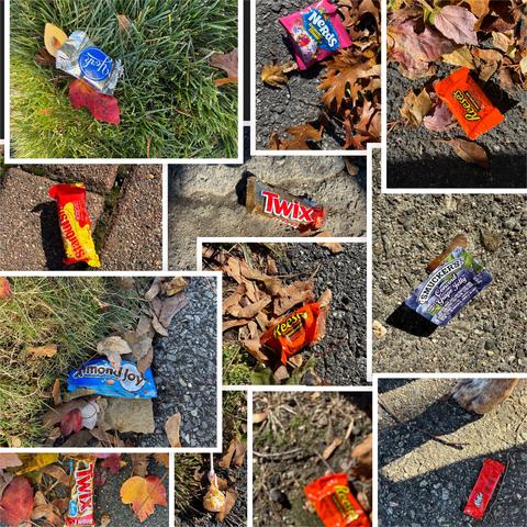 A collage of 12 photos of wrapped candy found on street. There is a variety of kinds including Reese’s peanut butter cups, Twix bars, mints patties, suckers, and oddly, a packet of grape jelly.