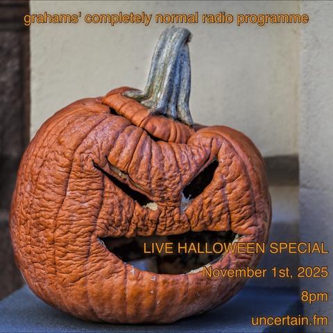 A rotting jack-o-lantern on a front porch.

Orange text overlaid promoting a radio show, details in the main post.