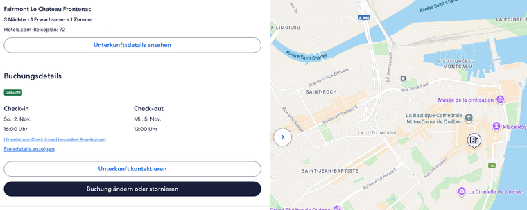 Reservation von Hotels.com bzw. Expedia. Zeigt die Karte und die Reservation im Chateau Frontenac.