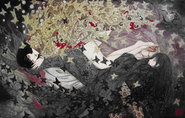Stylized illustration of a pale couple lying together surrounded by dark  and golden butterflies and foliage.