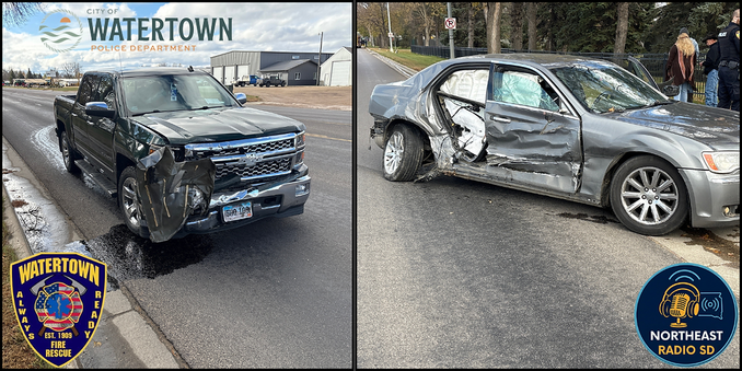 Two vehicles with collision damage on a street: a black truck and a silver car. Logos for Watertown Police and Fire Rescue visible.