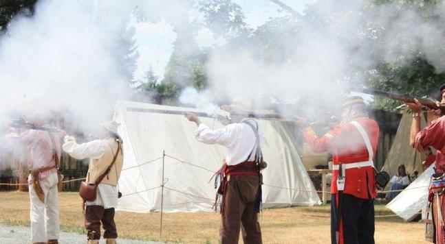 A demonstration of the power of the flintlock guns the HBC men used, attended by plenty of noise and smoke.