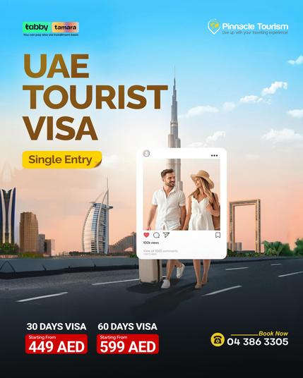 Get your UAE Tourist Visa hassle-free! 
30 days from AED 449 | 60 days from AED 599 — easy Tabby & Tamara payments! 
📞 +971 54 424 8656 | pinnacletraveltour.com

#PinnacleTourism #UAETouristVisa #TravelMadeEasy